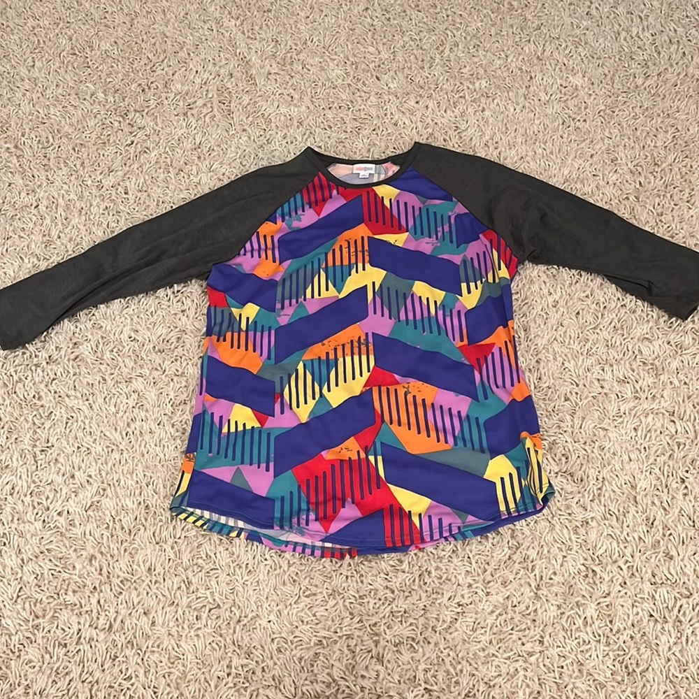 LuLaRoe multi colored shirt with gray sleeves